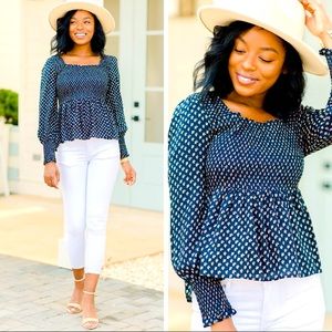 Navy Peplum Floral Top size large NWOT